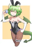 1girl armpit artist:unknown breasts bunny_suit choker draco_centauros dragon_girl easter_egg easter_themed egg eye_shadow garter gloves green_hair hand_on_hips holding horns hosiery leotard pantyhose pointy_ears puyo_puyo short_hair smile standing tail white_gloves wings wink yellow_eyes // 827x1200 // 140KB