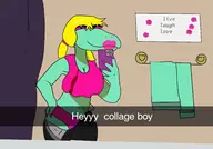 1girl artist:unknown bratty breasts camera cleavage deltarune lipstick medium_breasts panties phone seducing seductive squint_eyes taking_photo text undertale undressing // 2500x1746 // 200KB