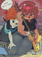 1boy 1girl artist:wamudraws black_eyes blonde_hair blush chubby colored dialogue embarrassed grope guitar hat horns instrument jeans lammy_lamb midriff pants parappa parappa_the_rapper red_hair short_hair siting speech_bubble text um_jammer_lammy // 962x1312 // 1.4MB
