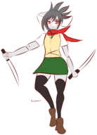 1girl artist:katsunei asuka black_hair ponytail red_eyes robot robot_girl senran_kagura skirt smile thigh_highs uniform weapon // 1035x1441 // 355KB