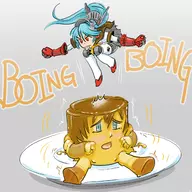 2girls aigis artist:bishopbb blue_eyes blue_hair blush colored food labrys persona persona_(series) persona_3 persona_4_arena plate ponytail pudding red_eyes school_uniform shin_megami_tensei short_hair sitting skirt text tongue uniform // 1600x1600 // 442KB