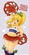 1girl artist:2x belly blush cheerleader chubby colored heart mega_man_(series) pompom ponytail queen_of_v roll skirt smile sweat sweating text tummy // 1191x2227 // 1.4MB