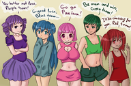 5girls blue_team blush colored dialogue dress drill_hair female green_team huge_breasts long_hair midriff miniskirt personification pig_tails pink_team purple_team red_team shorts skirt smile steam summer_sale_2014 sweater swimsuit // 3500x2300 // 2.9MB