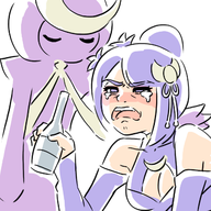 1girl alcohol artist:unknown blush cleavage consoling drunk palworld purple_eyes purple_hair saya selyne tears // 640x640 // 220KB