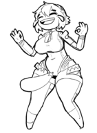 1girl aigis artist:borvar eggplant emote eyes_closed food joy_emote laughing monochrome ok_hand persona persona_(series) persona_3 shin_megami_tensei short_hair tears thick_thighs wide_hips // 724x988 // 152KB