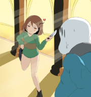 1boy artist:zeniselv bottomless chara knife sans undertale undressing // 859x918 // 454KB