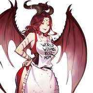 1girl apron areelu_vorlesh artist:unknown dress earrings horns lipstick pathfinder pathfinder_kingmaker red_hair succubus wings wrath_of_the_righteous // 1350x1350 // 1.2MB