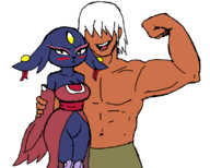 1boy 1girl alien anthro apeman artist:unknown blush breasts cat catgirl cleavage flexing furry goumang human looking_at_viewer muscles nine_sols no_panties solarian // 1125x900 // 36KB