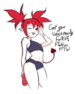 1girl artist:esao303 disgaea etna gym_clothes navel pigtails pointy_ears queen_of_v_2025 red_eyes red_hair sweat // 758x950 // 159KB