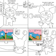 1boy 2girls 4koma angry anon artist:TDMind comic controller eyes_closed kuromi monochrome my_melody onegai_my_melody rage sketch smug super_mario tdm text wink // 800x800 // 332KB