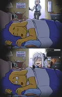 1boy 1girl ak-12 artist:serj bed comic eating food girls'_frontline hot_pocket janitor meta sleeping // 2700x4200 // 1.2MB