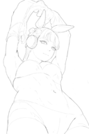 1girl armpit artist:subuart gold_ship looking_at_viewer navel simple_background sketch sky sports_bikini sports_bra standing stretching uma_musume_pretty_derby wip // 1288x1936 // 204KB