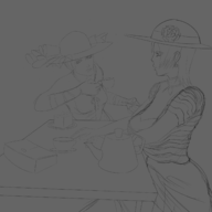 2girls crossover cup dress hat isabella_valentine ivy lara_croft sketch soulcalibur tea tomb_raider // 1575x1575 // 499KB