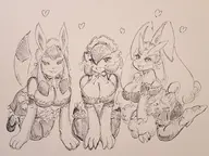 3girls artist:pikapika212 furry gardevoir glaceon heart huge_breasts kneeling lopunny maid maid_outfit monochrome pokemon traditional_medium // 1032x774 // 136KB