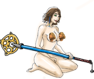 1girl blue_eyes brown_hair censored colored final_fantasy final_fantasy_x green_eyes heterochromia huge_breasts novelty_censor nude parody short_hair smile staff yuna // 1200x1005 // 666KB