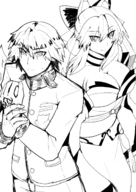 1boy 1girl animal_ears artist:dweller1215 cleavage command_spell fate_(series) fox_girl hakuno_kishinami kimono monochrome tamamo-no-mae thigh_highs uniform // 1166x1651 // 971KB