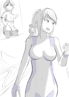 1boy 1girl giant giantess link metroid monochrome pointy_ears ponytail samus_aran the_legend_of_zelda tunic young_link zero_suit zero_suit_samus // 2893x4092 // 2.4MB