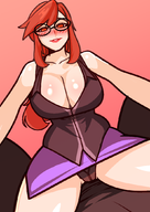 1boy 1girl artist:brothbowl blush cleavage femdom glasses huge_breasts lorelei panties pokemon red_hair straddling // 744x1052 // 185KB