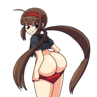 1girl angry artist:iggy_bomb ass black_eyes brown_hair colored looking_back ryoubi school_uniform senran_kagura twintails undressing uniform // 2000x2000 // 632KB
