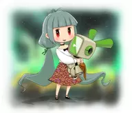 1girl artist:bishopbb blush bow colored green_hair happy helper_robot hugging low_twintails red_eyes robot skirt toriko twintails void_terrarium void_trrlm();_void_terrarium // 1600x1364 // 278KB