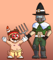 2boys artist:kking64 belt black_eyes brown_hair colored crossover doom doomguy gloves hat helmet mario mustache native_american pilgrim pitchfork shirtless short_hair smile super_mario thanksgiving // 840x950 // 386KB