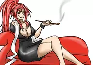 artist:angelsbestrace baiken cleavage colored dress guilty_gear huge_breasts scar smoking // 1447x1020 // 745KB