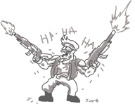 1boy artist:rider gun headband laughing marco_rossi metal_slug monochrome shooting short_hair text weapon // 1488x1148 // 428KB