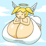 1girl angel artist:bonitanon ass bent_over bonita_zako breasts cleavage colored eyes_closed gigantic_breasts halo hand_gesture huge_breasts praying praying_hands stretch_panic // 550x550 // 29KB