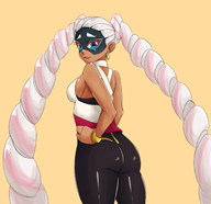 1girl arms_(game) ass black colored dark_skin from_behind leggings looking_at_viewer looking_back sideboob smile twintails twintelle white_hair // 1550x1500 // 953KB