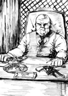 1boy artist:dweller1215 bald chair desk fallout fat food gizmo gun kebab monochrome sitting solo window // 874x1238 // 1.3MB