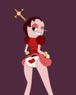 1girl artist:iggy_bomb black_eyes brown_hair colored cuphead from_behind gloves grin hilda_berg looking_back panties short_hair // 1600x2000 // 285KB