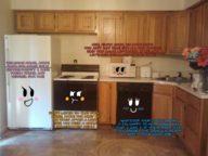 4girls animate_inanimate artificial_intelligence blush dialogue eyelashes eyes kitchen not_vidya pout smile text // 1500x1125 // 1.8MB