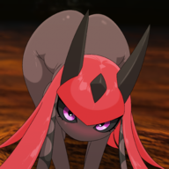 1girl all_fours artist:unknown ass ass_up blush colored hair horns looking_at_viewer mouthless palworld pov splatterina // 2000x2000 // 2.3MB