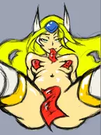 artist:grizzly blazblue blonde_hair breasts colored green_eyes laying_back mu-12 smile // 563x752 // 266KB