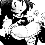 1girl aradia areola_slip black_hair braid bursting_breasts button cleavage dithering huge_breasts monochrome night_of_revenge // 350x350 // 11KB