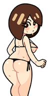 1girl artist:2x ass bikini blush colored heart_pupils looking_at_viewer looking_back micro_bikini mii mii_fighter nipples sweating // 558x1006 // 90KB