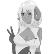 1girl artist:aikun2012 blush celeste_luvendass horns huniepop monochrome peace_sign smile // 1095x1080 // 224KB