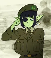 1girl 4chan artist:iggy_bomb belt breasts cap colored earrings ears eye_patch gigantic_breasts goblin hat huge_breasts military_uniform not_vidya salute tie uniform // 2200x2500 // 2.9MB