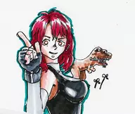 1girl artist:clm breasts colored dino_crisis dinosaur gloves hand_sign looking_at_viewer medium_breasts red_hair regina traditional_medium // 800x673 // 91KB