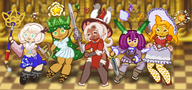 5girls alternate_costume artist:runebrave bard carol_cookie cheesecake_cookie cookie cookie_run cosplay cotton_cookie crossover estoc final_fantasy harp latte_cookie merchant onion_cookie onion_knight red_mage smile smiling staff standing summoner sword viera weapon yuna // 1370x640 // 834KB
