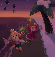 2girls animal_crossing artist:jnrbtts beach beer isabelle villager // 720x750 // 207KB