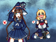 2girls anchor aradia artist:mellie blonde_hair blue_eyes blush braids brown_hair colored cosplay drool garterbelt green_eyes hat heart heterochromia night_of_revenge pointy_ears ryoubi ryouna senran_kagura speech_bubble thigh_highs // 2224x1668 // 4.7MB