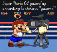 1boy animate_inanimate artist:halfdime black_eye boxing camera colored fight funny hurt mario nintendo shorts super_mario super_mario_64 text // 3500x3200 // 3.2MB