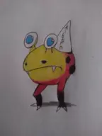 artist:boneyt blue_eyes bulborb colored dunce_hat fangs hat pikmin text traditional_medium // 1944x2592 // 1.8MB