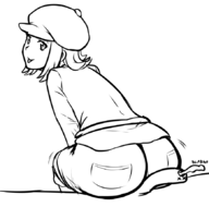 1girl artist:jadf ass buttjob clothed_buttjob dat_ass hat layton_brothers_mystery_room lucy_baker monochrome penis pov_ass professor_layton // 870x860 // 152KB