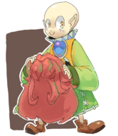 1girl bald colored mana_(series) pointy_ears popoi red_hair secret_of_mana smile wig yellow_eyes // 665x768 // 344KB