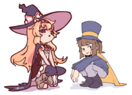 2girls a_hat_in_time artist:unknown colored crouching drawpile hat_kid little_witch_nobeta loli looking_at_viewer nobeta squatting // 887x641 // 155KB