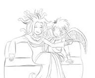 1boy 1girl kid_icarus kid_icarus_uprising medusa pit short_hair sitting sketch wings // 972x801 // 166KB
