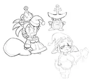1boy 2girls anchor artist:bonitanon artstyle_imitation ass atlyss bell blaster_master blaster_master_zero breasts christmas christmas_outfit christmas_sweater huge_ass imp kanna king_dedede kirby_(series) padoru sketch // 1097x954 // 141KB