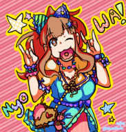 1girl artist:mellie bow brown_eyes brown_hair colored donut food idolm@ster idolm@ster_cinderella_girls kirari_moroboshi ponytail text wink // 1799x1888 // 2.5MB